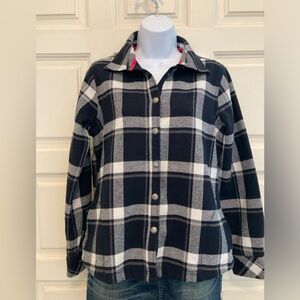 Women’s Orvis, plaid jacket, black, and white, snap front, Size Small